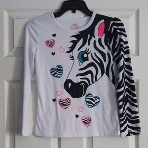 Justice White Long-Sleeve Zebra Heart Graphic Top with Pink & Blue Accents